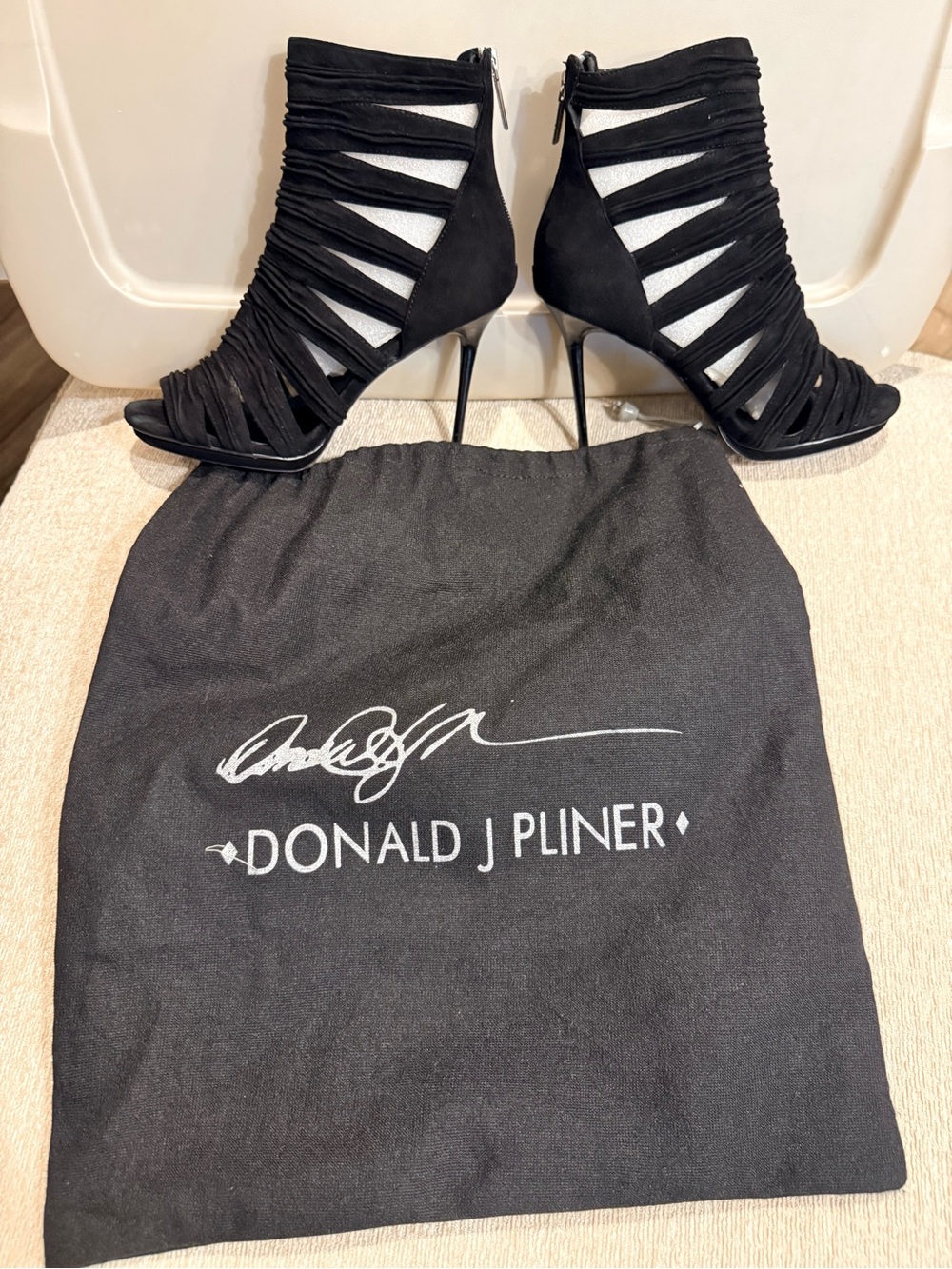 Donald J Pliner Black Strappy Suede Stiletto Booties